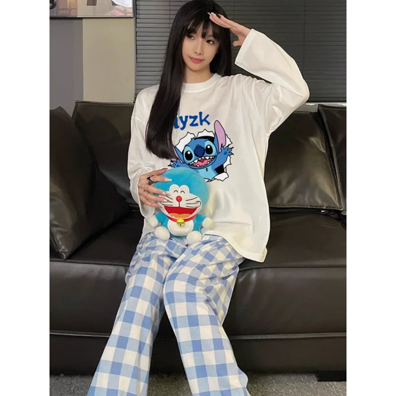 Stitch pure cotton pajamas round neck long sleeves trousers cartoon loose women\'s pajamas Disney silk pajamas women\'s loungewear