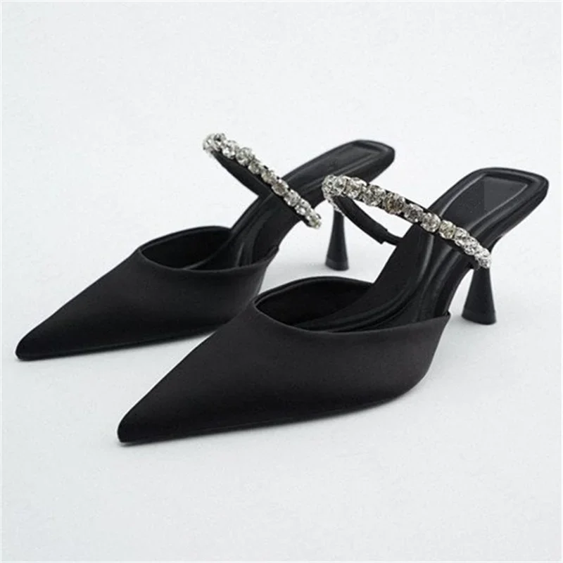 

Black High-heeled Shoes Women Big Size Spring New Women's Shoes Stiletto Pointed Toe Pumps Satin Rhinestone Glitter Mules Pumps