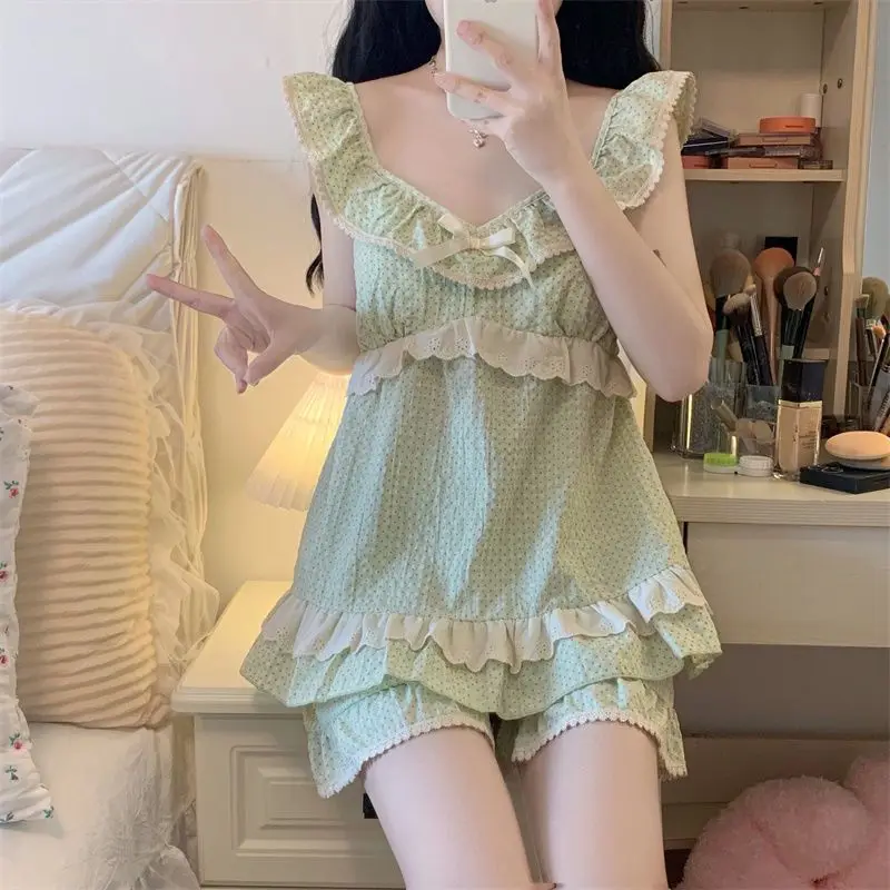 Chest Pad Sweet Cute Princess Home Sleeveless Pajamas Suit Female Japanese New Suspender Small Flying Sleeve Dorm Loungewear Set