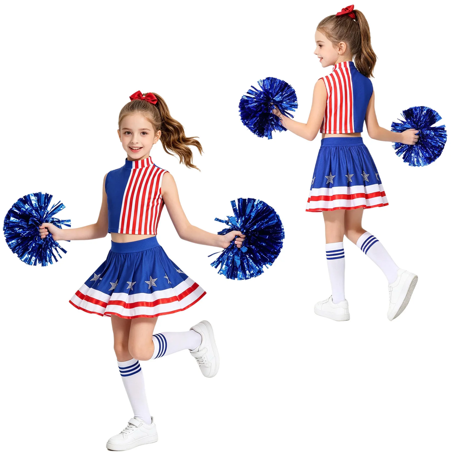Cheerleading-Outfit für Kinder und Mädchen, Kostüm zum Unabhängigkeitstag, gestreiftes Crop-Top mit Rock mit Strass-Sternen, Pompons, Socken und Kopfbedeckung – Detail 2