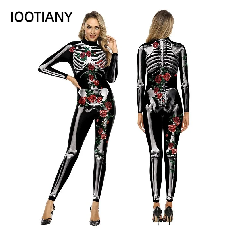 

IOOTIANY Women Sexy Skinny Cosplay Costume Skeleton 3D Printed Tights Fashion Slim Elastic Adult Jumpsuits Long Sleeve Bodysuits