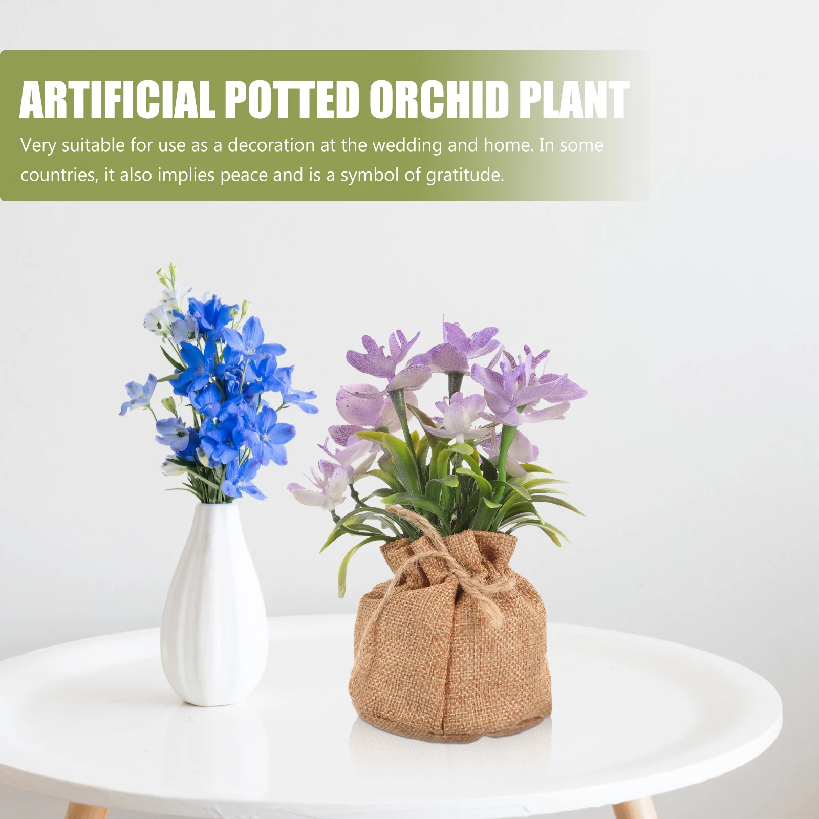 

2pcs Artificial Flower Potted Plastic Decor Burlap Pot Wedding Home Office Cabinet Windowsill Fake Arrangements Simulated Orchid