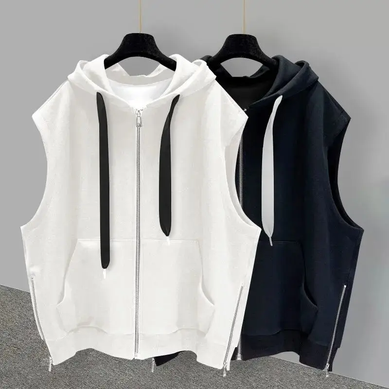 2024 Elegant Fashion Harajuku Slim Fit Male Clothes Loose All Match Casual Tshirts Solid Zipper Sleeveless Cardigan Hooded Vest