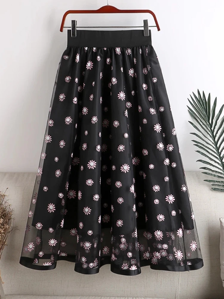 Zomer Hoge Taille Lange Fairy Vrouw Rok Elegent Daisy Print Mesh Rok Voor Vrouwen Chic Vrouwelijke Geplooide Tule Rokken Mujer faldas