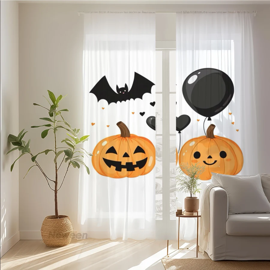 2PCS Digital Print Sheer Curtain, Cute Pumpkin Bat Balloon Halloween Face Window Drapes for Living Room Bedroom Home Decor