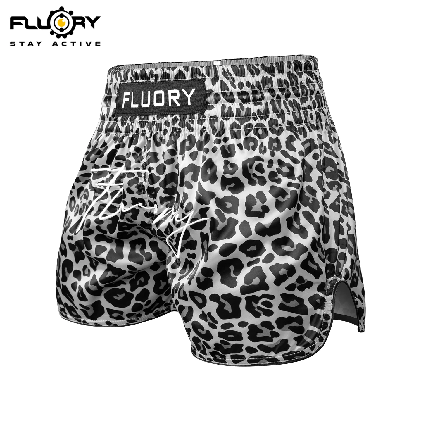 FLUORY Muay Thai shorts, grey leopard print embroidery, comfortable boxing training, casual sports pants and boxing shorts