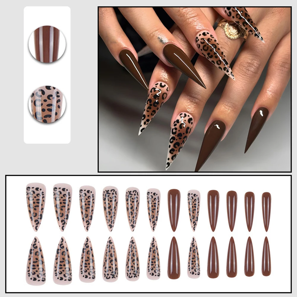 

24Pcs French Leopard Print False Nails Press on Nails Autumn Almond Full Cover Glitter Cat Eye High-end Wearable Nail Tips