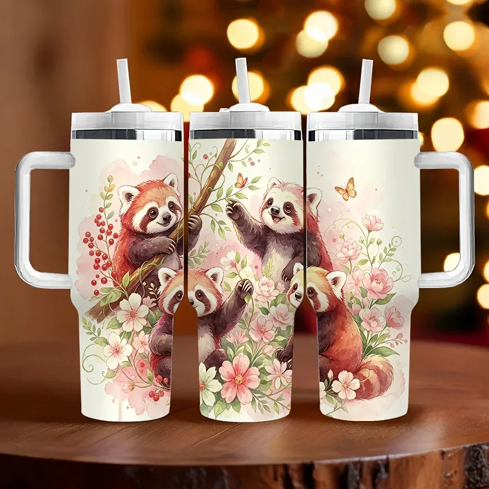 40oz Long Lasting Insulated Tumbler with Handle And Straw, Cute Red Panda Floral Print, Ideal Holiday And Birthday Gift for Daily Use And Outdoor Activities