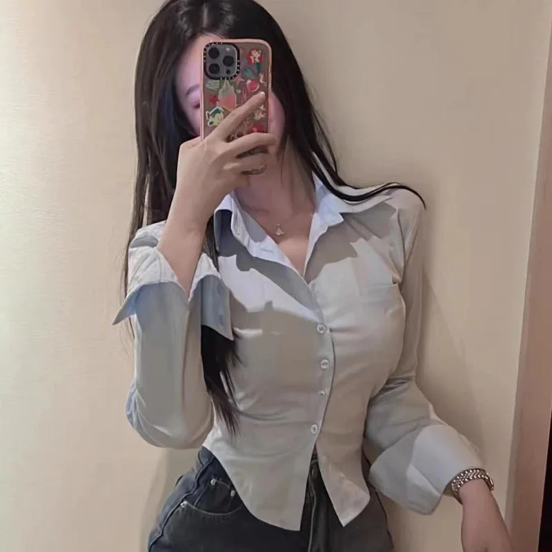 

FANAN New Shirts Women Korean Style Buttons Folds Slim Fit Crop Tops Female All-Match Daily Design Office Long Sleeve Blouses