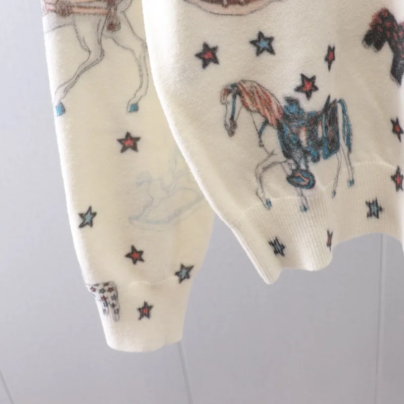 Korea Cute Horse Sweater Women Luxury Brand Long SleeveJumper Print Sweater Star Sweater Knitted Top Women Clothing Sueter Mujer