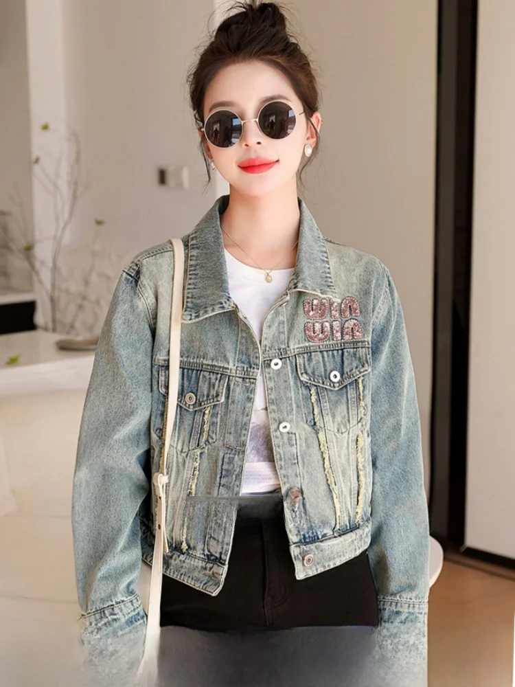 

ort Women's Denim Jaet Spring Autumn Letter Patchwork Svel Coat Straight Cut Commute Sle Button ket Detail