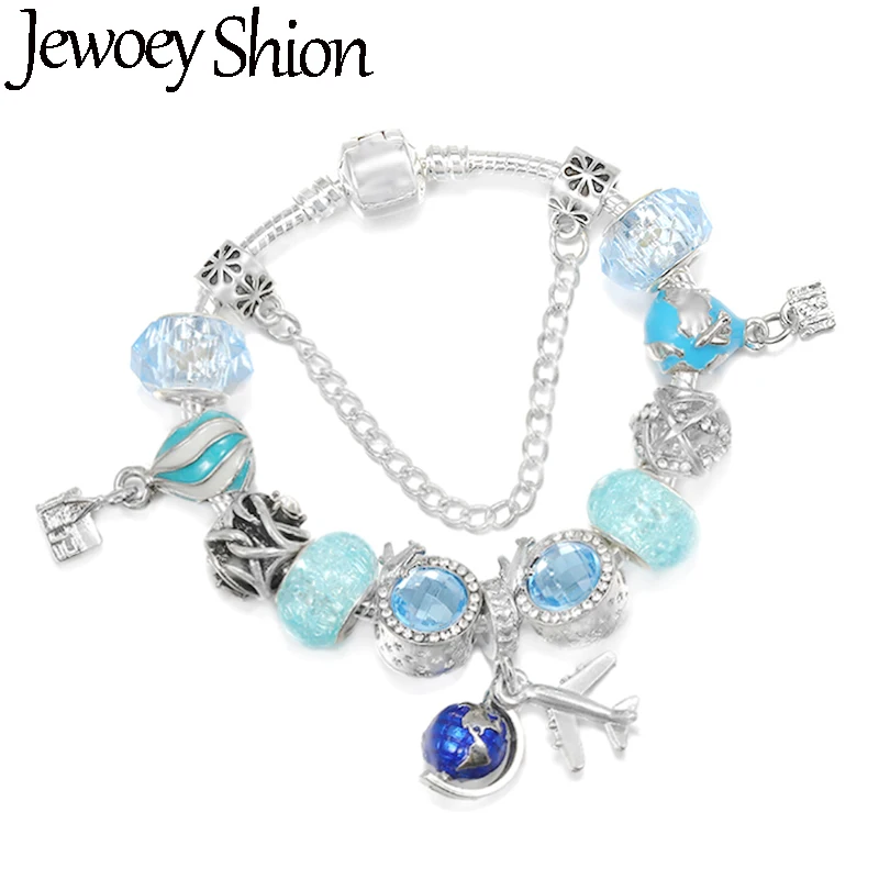 Blue Hot Air Balloon & Globe Beads With Airplane Pendent DIY Charm Brand Bracelet Fashion Jewelry For Women Making High-Quality