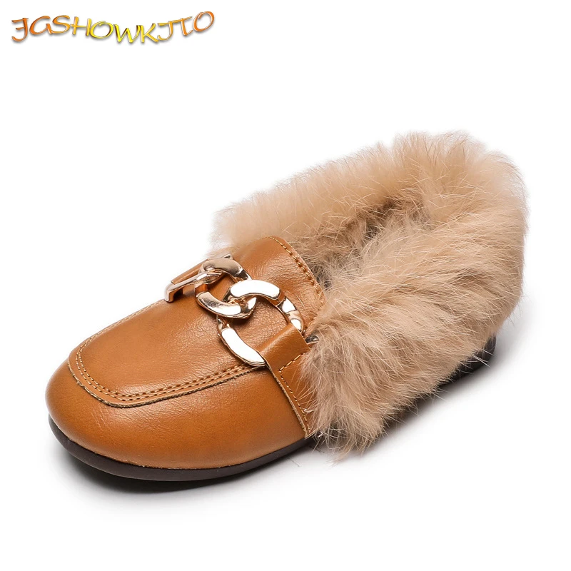 JGSHOWKITO Kids Leather Shoes 2023 Autumn Winter Girls Flats With Thick Cotton Warm Children Boy Black Loafers Fashion Hairy Fur