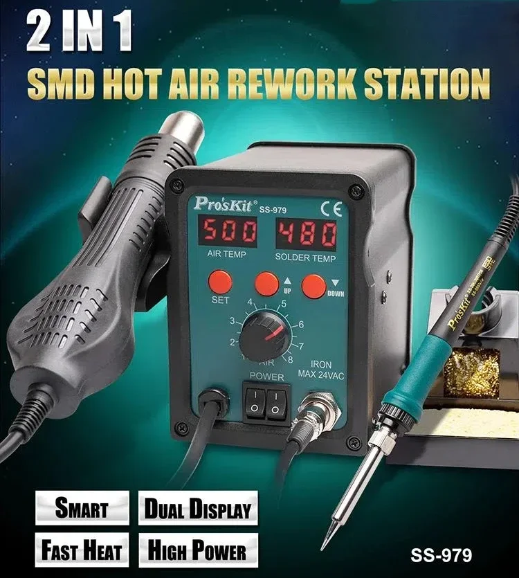 

Top QualitySS-979H 2 In 1 SMD Double Digital Display Heat Gun Welding Iron PCB Repair Tool