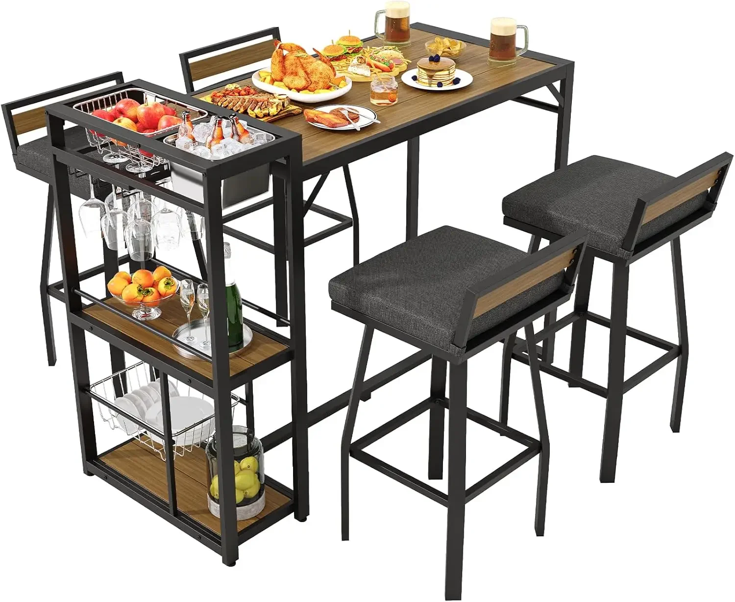 

Комплект из 5 предметов: высокий стол и 4 стула, набор для бара на открытом воздухе с многофункциональными полками, для террасы и сада