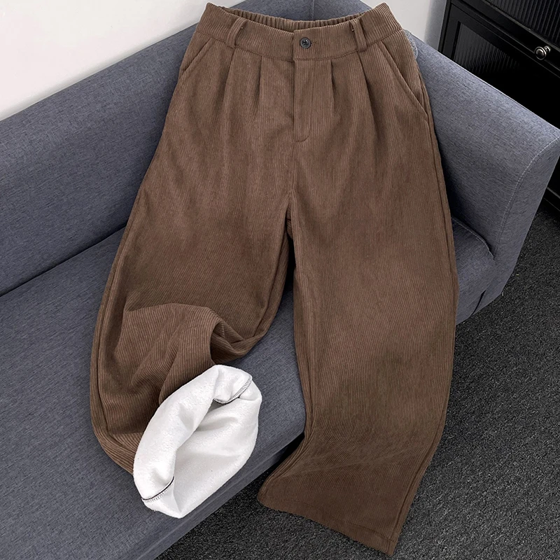 

Autumn Winter Men's Corduroy Pants American Retro Thick Fleece Warm Straight Wide Leg Pants Fashion Casual Sweatpants Trousers