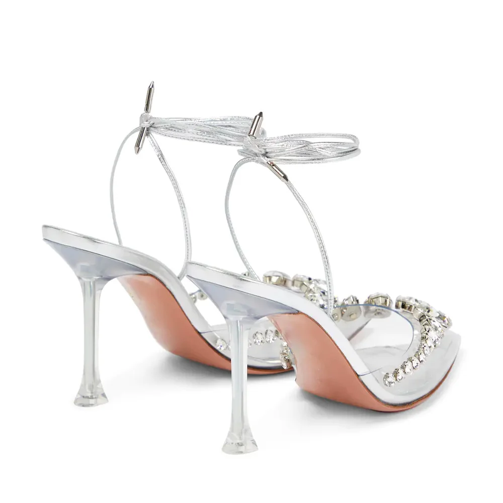 2023 Transparent High Heels Silver Diamond Sandals Slim Heels Ankle Strap Pointed Women's Shoes