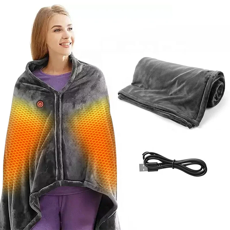 USB Electric Heated Blanket Wearable Heating Shawl Cape Winter Warm Throw Blanket Flannel Heating Wrap for Home Office Bed Sofa