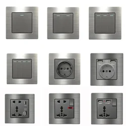 Metal grey Eu wall light switch,Stainless steel universal usb rechargeable electrical socket,220V dimmer speed control switch