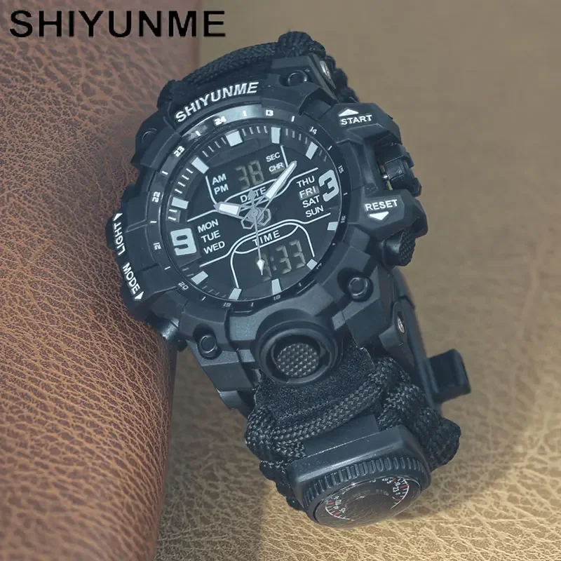 SHIYUNME Outdoor Survival Herrenuhr Kompass Thermometer Quarzuhr Multifunktionale wasserdichte militärische taktische Paracord-Uhr