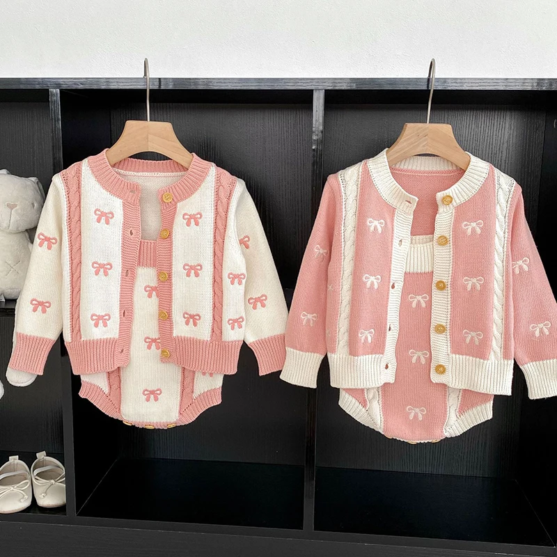 

Autumn Sweet Kids Baby Girls Long Sleeve Bowknot Knit Cardigan Coat + Rompers Clothing Sets Infant Baby Children's Clothes Suit