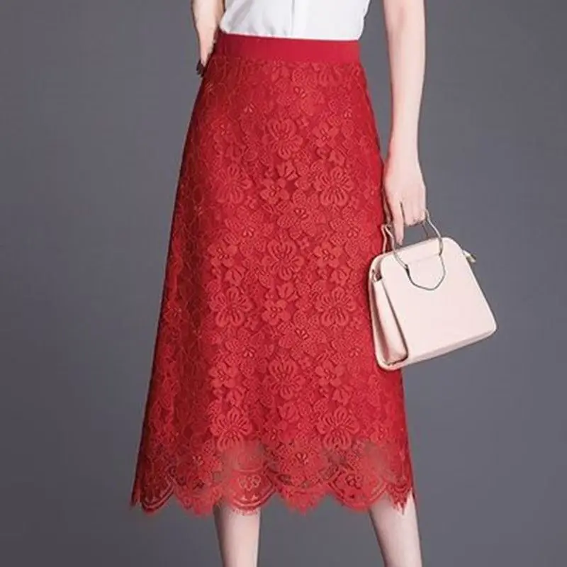 

Spring Autumn Slim Solid Color A-line Skirt Sexy Ladies Lace 2024 New Patchwork High Waist Straight Temperament Women's Clothing