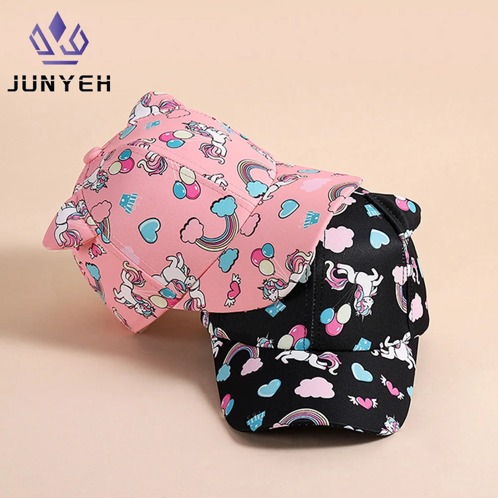 Children\'s Unicorn Print Baseball Cap Cute Cat Ears Outdoor Visor Girls Sun Hat For Kids 2-8 Years