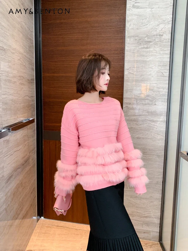 Commuter Style Heavy Industry Hot Diamond Plush Splicing Fringed Knitted Sweaters French Graceful Socialite Oversized Sweater