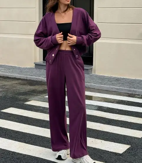 

2025 Autumn Solid Color Casual Women's 2-Piece V-Neck Button Up Front Short Jacket and High Waisted Straight Leg Pants Set