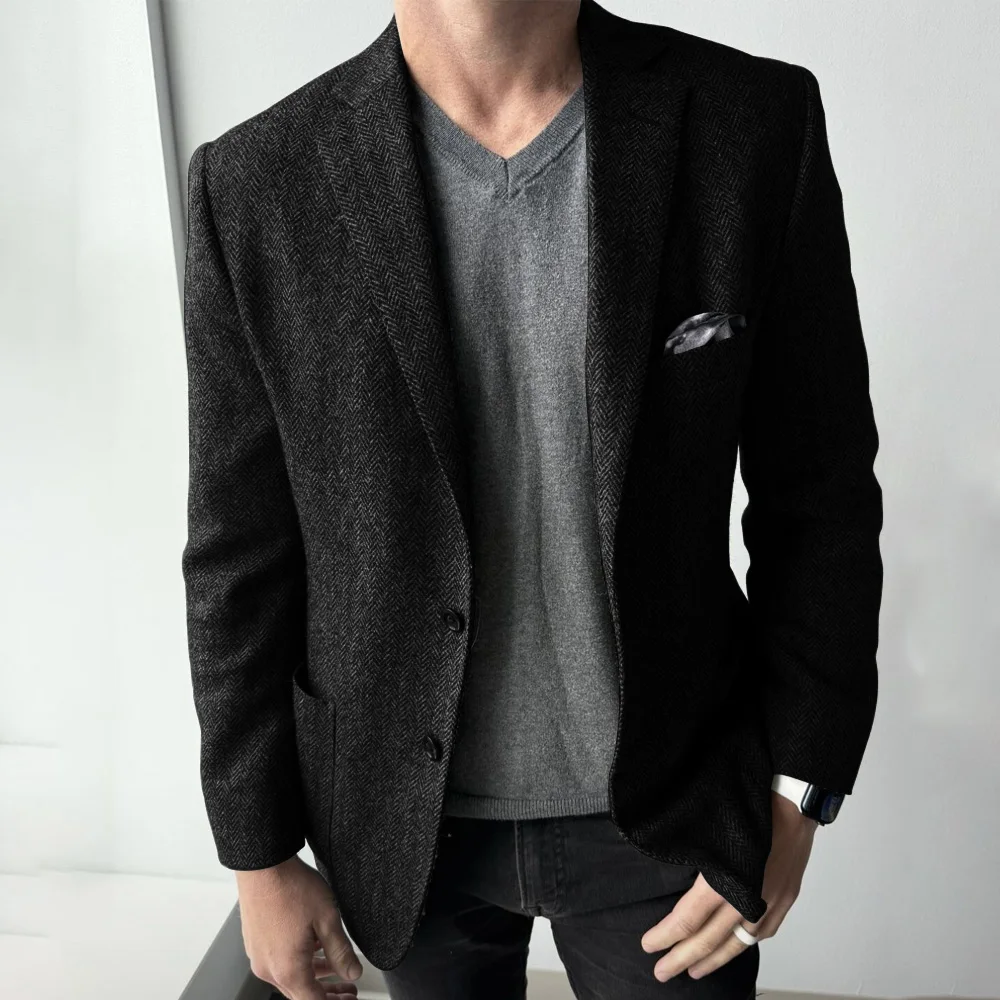 

Business Urban Blazers Notch Lapels Suit Jackets for Man Jackets High Quality Single-Breasted Vintage Herringbone Fabric Casual