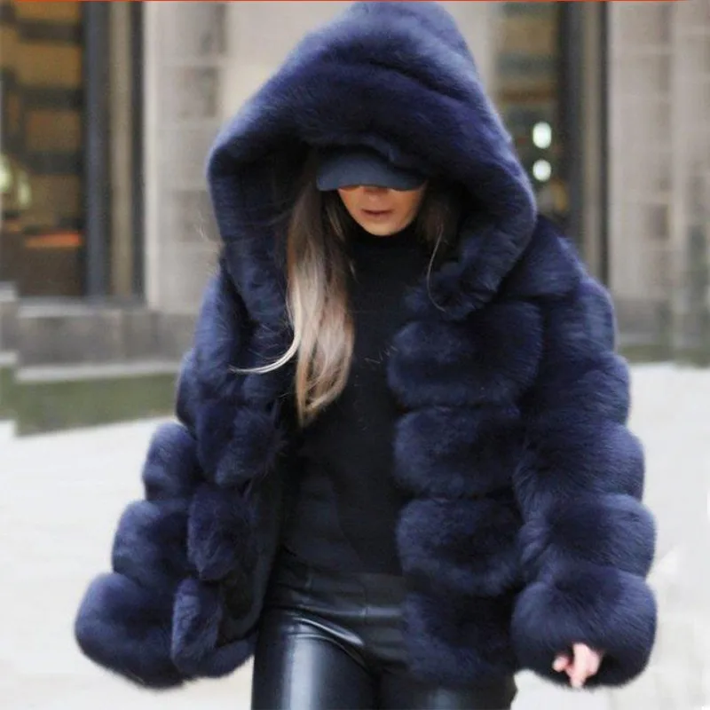 

Luxury Women's Clothing Autumn Winter New Faux Fox Fur Jacket Fur Coats Patchwork Hooded Women's Warm Fur Coats Comfortable
