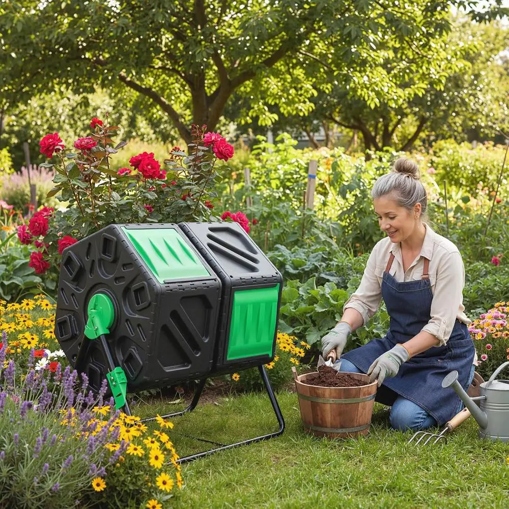 Heavy-Duty Dual Chamber Rotating Composter, 34.5 Gallon Outdoor Composting Bin with Aeration and Sliding Doors