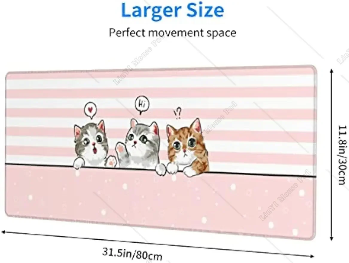 لطيف القط الوردي ماوس الوسادة كبيرة XL Kawaii الألعاب ماوس الوسادة مخيط حواف عدم الانزلاق المطاط ماوس حصيرة للعمل المكتبي 31.5X11.8 بوصة