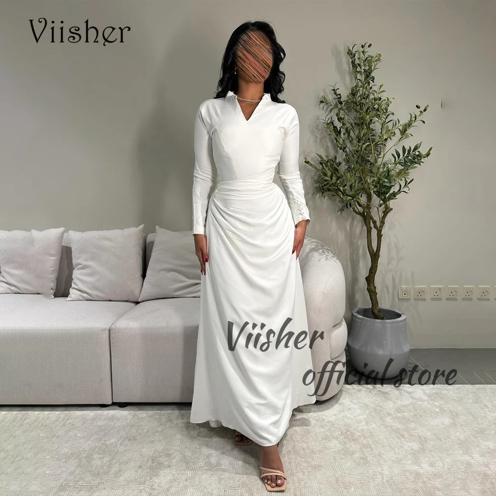 

Viisher White Satin Mermaid Evening Dresses Long Sleeve V Neck Prom Party Dress Arabian Dubai Formal Occasion Gowns Floor Length