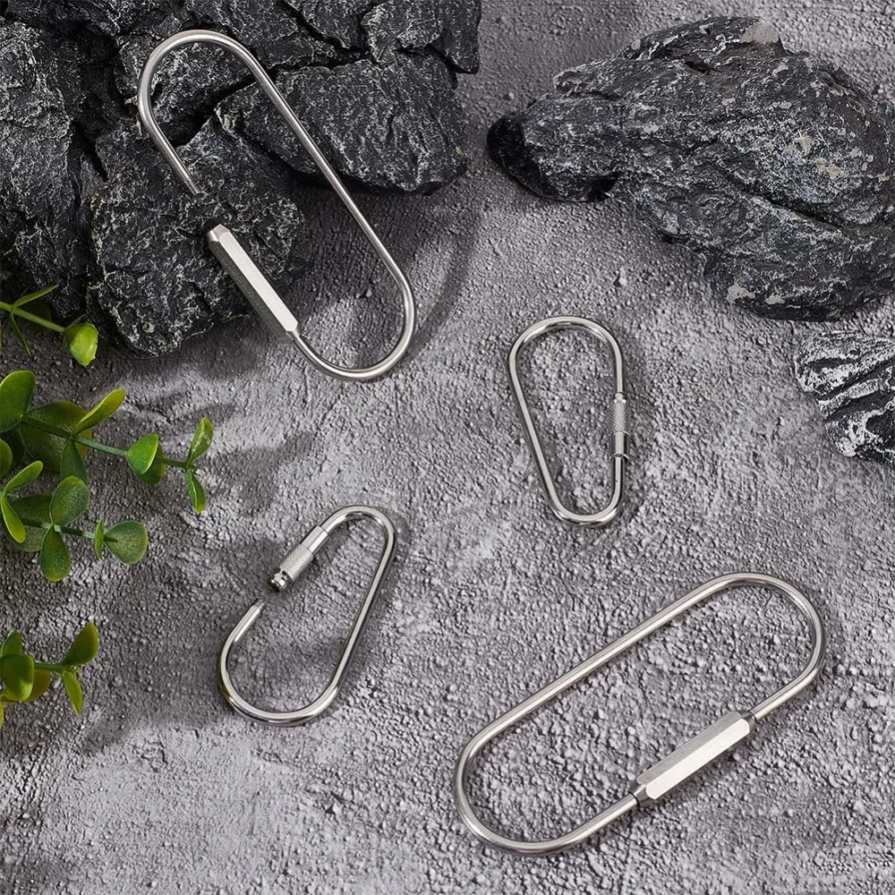 4pcs 2 Styles 304 Stainless Steel Screw Carabiner Lock Clasps Metal Screw Locking Keychain Carabiner Clasps Oval Keychain kit