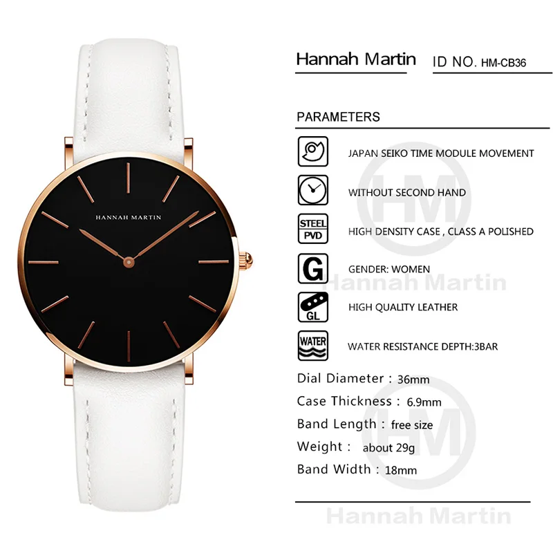 Hannah Martin Hot Fashion Simple Japan Quartz Movement Watch Leather Strap Clock Women Analog Waterproof Wrist watch Reloj Mujer