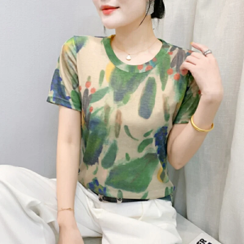 High Quality Plant Print Women Short Sleeved T-shirt Summer New Fashion Round Neck Casual T-shirt Korean Chic Simple Ladies Top