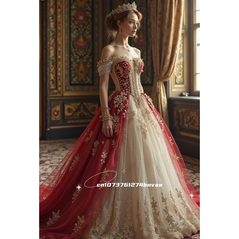 Shwaepepty Mittelalterliches Renaissance-Hochzeitskleid, schulterfrei, Prinzessin, Brautkleid, Spitzenapplikationen, helles Champagner mit rotem, individuellem Vestido