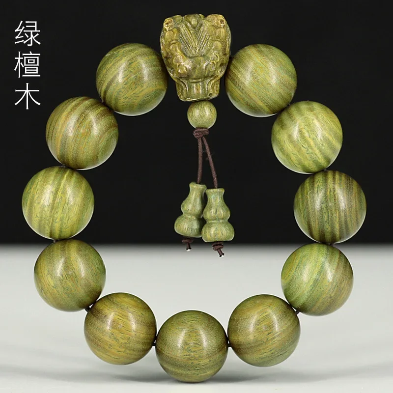 

Green sandalwood carved dragon head Buddha bead hand string for men and women gift handicraft bracelet mens jewlery