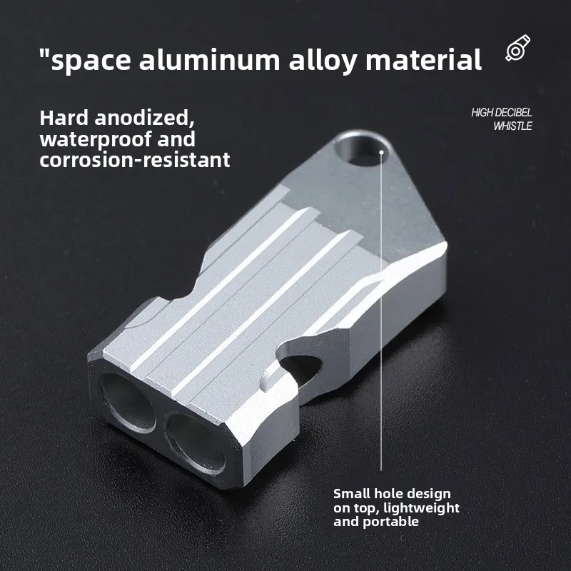 سلسلة مفاتيح صفارة مزدوجة الأنبوب من سبائك الألومنيوم - قلادة صفارة إنقاذ للتخييم في حالات الطوارئ عالية الديسيبل