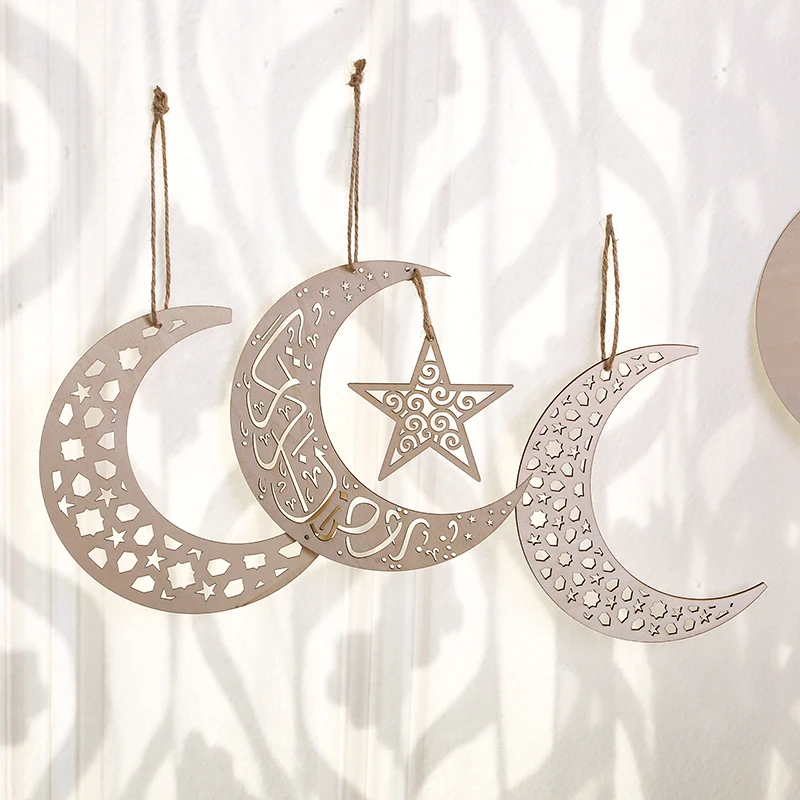 Eid Mubarak Wooden Ornament Hollow Moon Star Hanging Pendant Ramadan Kareem Decorations Islamic Muslin Home Decoation Supplies