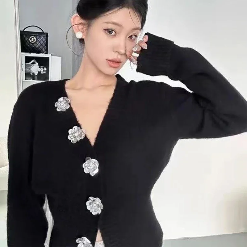 Women Clothing Spring Autumn Trendy Vintage Sweet Chic Cardigan Y2K Solid V Neck Long Sleeve Slim Fairy Kintted Sweater Buttons