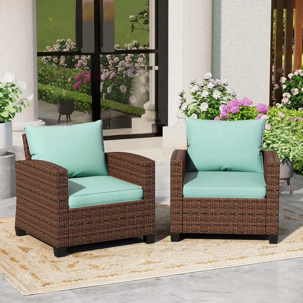 

2-Piece Wicker Rattan Outdoor Patio Chairs with 4 Thick Cushions, Suitable for Garden, Lawn, Backyard in Blue