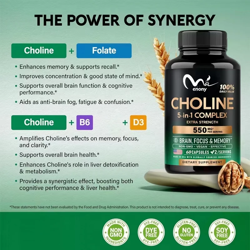 Choline supplement 550mg -5-in-1 complex containing folic acid, vitamins D3, B6, and B12- vegetarian, non GMO -60 capsules.
