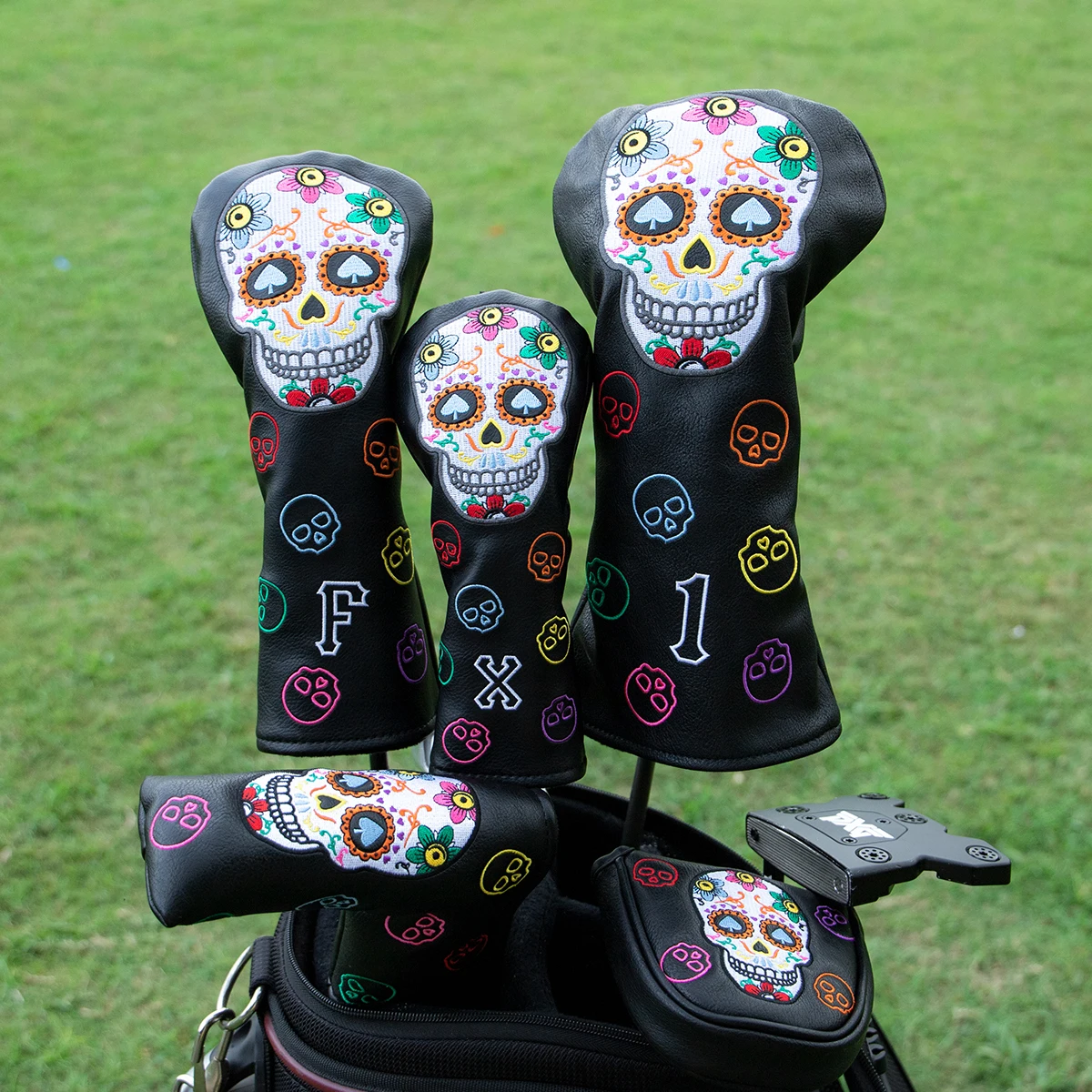 Golf Club Headcovers #1 #3 #5 Wood Head covers Skulls Design Driver Fairway Hybrid Woods Headcover Black PU Premium Leather Head