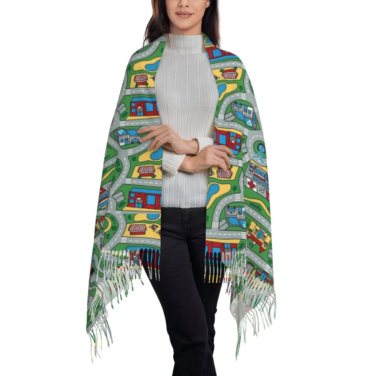 Car City Carpet Road Rug 90s Nostalgic Toy Scarf Tassel Scarves Women Soft Warm Shawls and Wraps Long Fall Winter Shawl Wrap