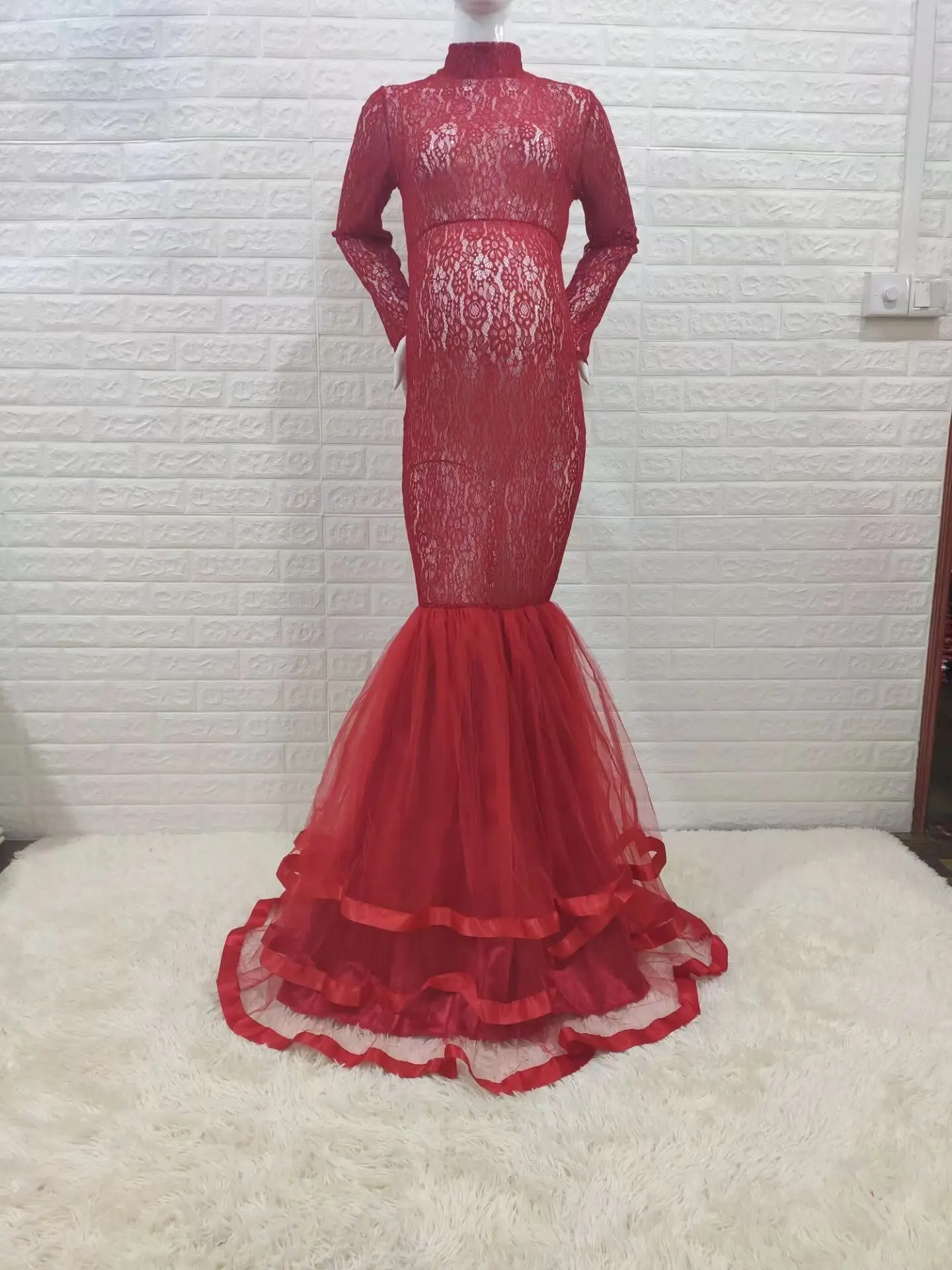 Robe Maxi en Dentelle Noire à Col Roulé pour Femme Enceinte, Tenue de Grossesse à Manches sulfpour Séance Photo