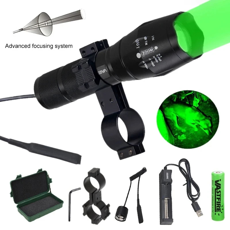 A100 1000Lm Zoomable Flashlight Green/Red Adjustable Focus 1 Mode Hunting Torch+Rifle Scope Mount+Switch+18650+Charger+Case