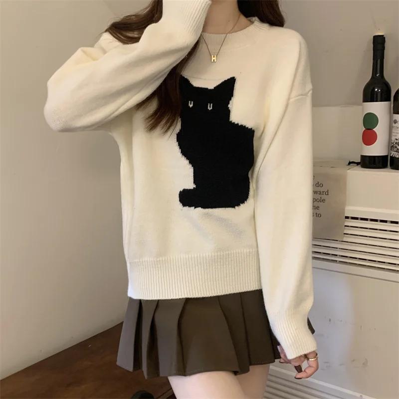 Women‘s Sweater Cute Cartoon Cat Pullover Autumn Winter Outwear Baggy Vintage Knitted Top Fashion Streetwear Female Y2k Clothes