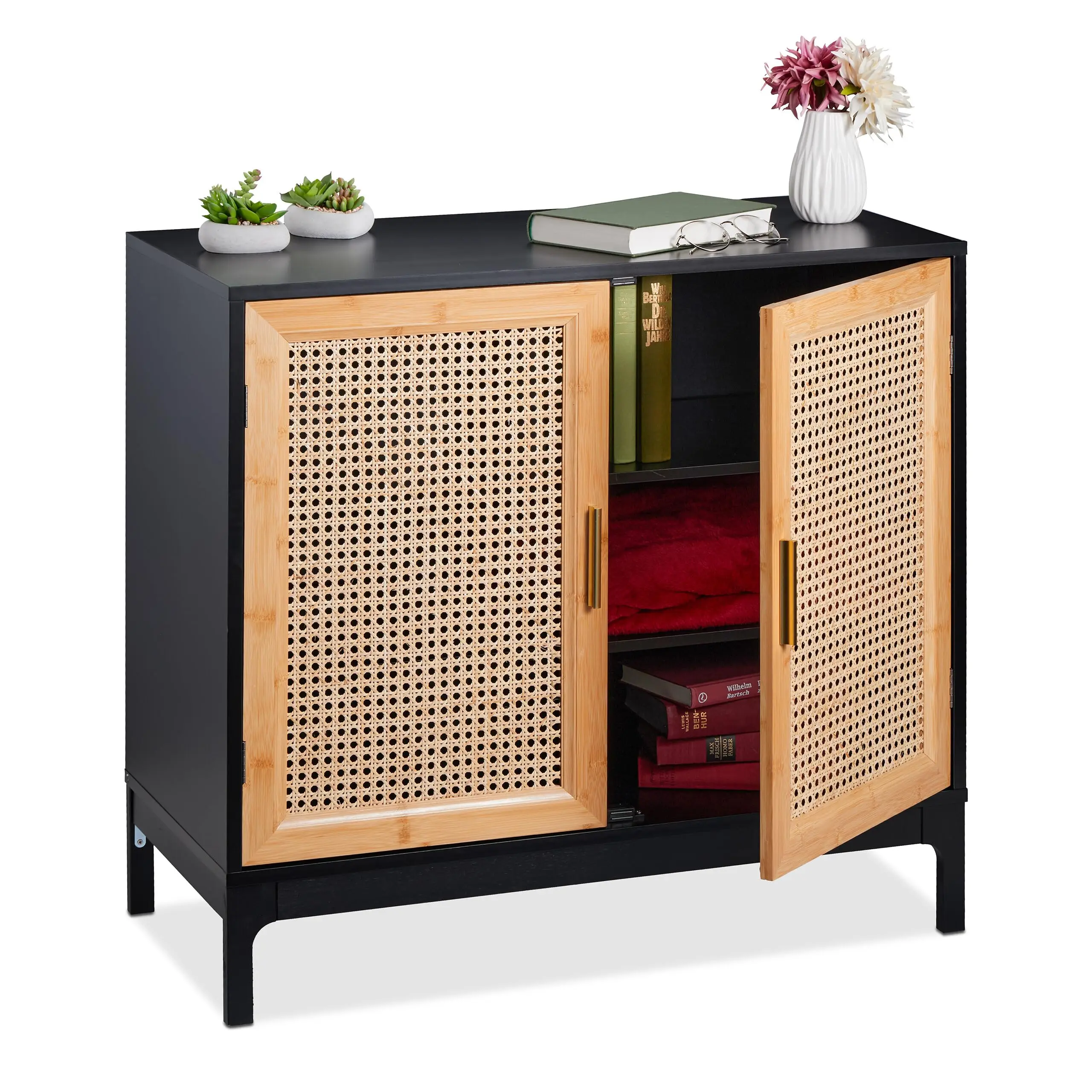 

Bamboo Chest of Drawers Adjustable Shelves Wood Rattan Storage Cabinet with 2 Doors Bamboo Drawer Dresser for Living Room